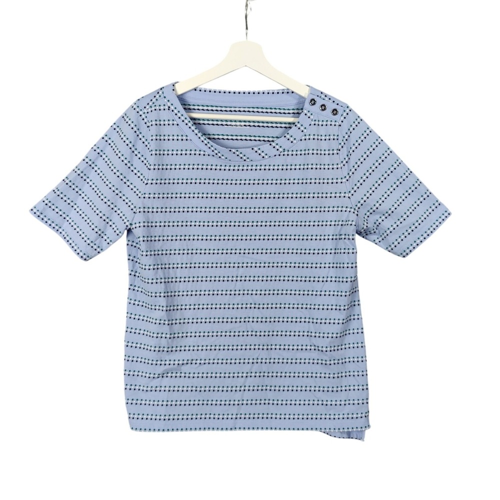 Talbots Women Coastal Nautical Stripe Knit L Top Button Accent Short Sleeve Blue